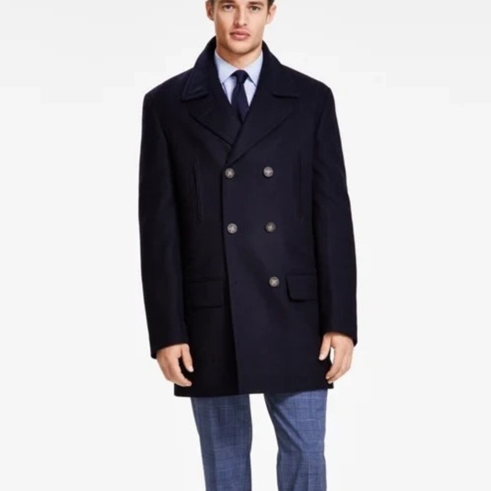 Michael Kors Mens Classic fit Double Breasted Peacoat Coat 42R Dark Navy Wool